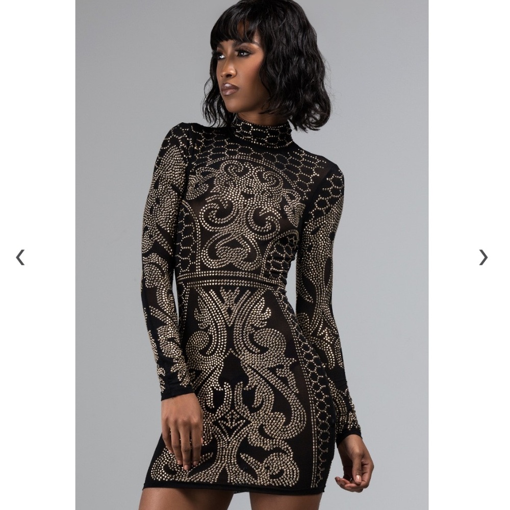 Akira Black Sheer Bodycon Dress with gold studs